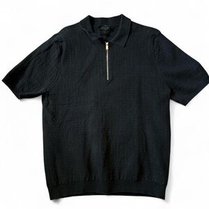 Magaschoni Black Short Sleeve Preppy Polo Shirt with Zipper Mens M Square Detail